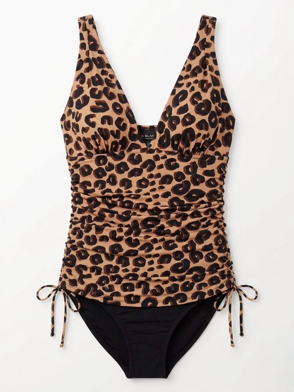 La Blanca Animal Print Faux Tankini Swimsuit Ruched Plunge One Piece 8 EUC